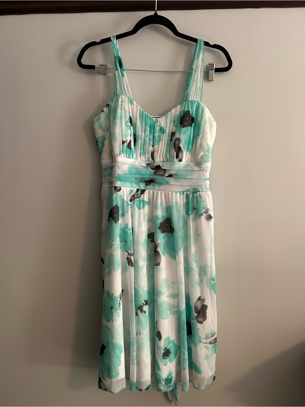 Mint Floral Midi Dress with Pleated Bodice